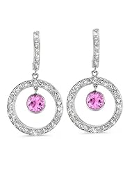 Twin Circle Pave Diamond Earrings In 18K White Gold With A 0.70 ct. Genuine pink-sapphire Center Stone.