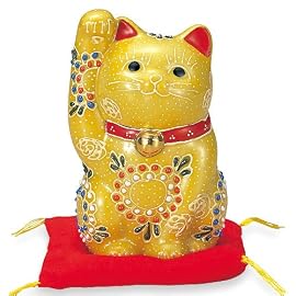 九谷焼 右手 招き猫 黄盛