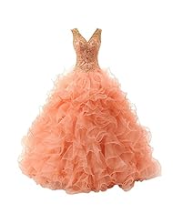 V-neck Organza/Satin   Beaded Backless Belted  Ball Gown Quinceanera Dress  With Ruffles