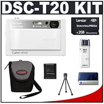 Sony CyberShot DSC-T20 8.0 Megapixel Digital Camera (White) with 3x Optical Zoom + Lexar Media 2GB 40x Platinum II Series Memory Stick (MS) PRO Duo Card + High Speed USB 2.0 Memory Stick (MS) Card Reader + Digital Camera Case
