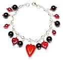 Sterling Silver Black & Red Charm Bracelet with Czech Glass Heart Charms - Handmade in UK - 7 Inches Long (Ladies Small or Teen) - Gift Boxed (B1)