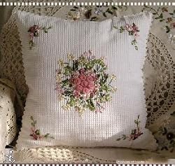Hand Ribbon Embroided Pink Roses Cushion Cover/Pillow