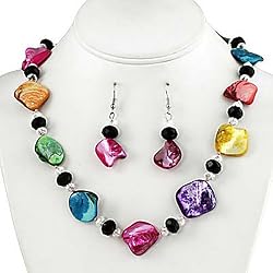 Multi Colored Faux Shell and Crystal Necklace and Earrings Set