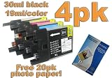 4pk Brother comptible LC 75 ink cartridges, LC75Y, LC75C, LC75M, LC75BK for MFC-J6510DW J6710DW J6910DW J4  30W J625DW J825DW DCP-J525W J725DW J925DW. With free 20pk photo paper.