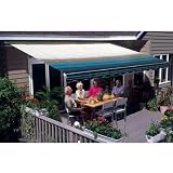 Sunsetter Pro Motorized Awning (14 Ft / Blue Stripe) With Traditional Laminated Fabric With Right Mounted Motor And Wall Bracket