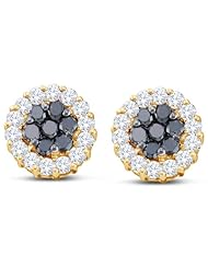 14K Yellow Gold Round Brilliant Cut Black and White Diamond - Flower Shape Invisible & Channel Set Studs Earrings with Secure Screw Back Closure - (3/4 cttw.)