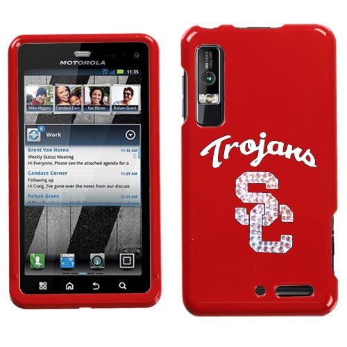 MOTOROLA VERIZON ANDROID DROID 3 XT862 HARD PLASTIC DESIGN RED AND WHITE USC TROJANS SWAROVSKI CRYSTAL DIAMOND SNAP ON CASE COVER