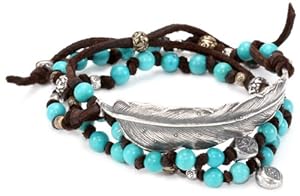M.Cohen Hand made Designs Triple Wrap Turquoise-Color Beads and Feather on Brown Leather Bracelet