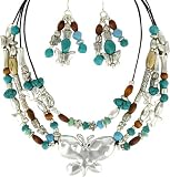 Multi Strand Beaded Butterfly Necklace & Earrings Set Fashion Jewelry