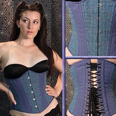 Timeless C-22 Pastoral Blue Cotton Panels with Blue-Green Textured Fabric Underbust Corset img