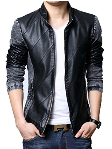TM Men's Long Sleeves Plice Faux Leather Black Denim Jeans Jacket Coat Black