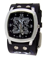 Twin Double Dragon Wide Black Leather Band Circle Trendy Design Steel Black Dial Gothic Punk Biker Wristband Watch