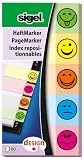 Produkt-Bild: Sigel HN502 Haftmarker Design Smile, 5 verschiedene Gesichter, 5 Motive im Pocket, gr&uuml;n, gelb, orange, blau, rot, 50x100 mm, 200 Blatt, Streifenformat: 50 mm x 20 mm