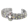 925 Silver, Freshwater Pearl & Multi-Stone Cross Cuff Bracelet with 18k Gold Accents