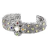 925 Silver, Freshwater Pearl & Multi-Stone Cross Cuff Bracelet with 18k Gold Accents