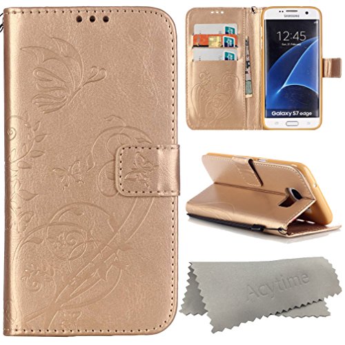 Galaxy S7 Edge Case, Acytime PU Leather Flip Wallet Case Embossed Butterfly Flower Case Cover for Samsung Galaxy S7 Edge G9350 Golden