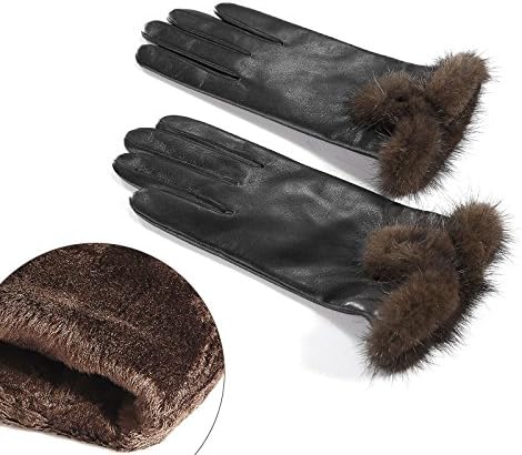 MINGXIN womens real nappa leather winter cashmere gloves mink fur cuff handwear