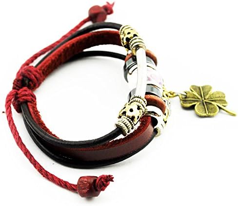 Nice Buckeye Multi-strand Printing Beads Red Rope Four Leaf Pendant Adjustable Length Leather Bracelet