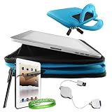 Apple Ipad Case with Stand Accessories Kit Includes – Snug Fit Black Case with Aqua Blue Neoprene Wrap Extra Pocket and Handles + Custom Cut iPad Screen Protector + Black iPad Stylus Pen + iPad Retractable Data Cable + Live * Laugh * Love Silicone Wrist Band!!!