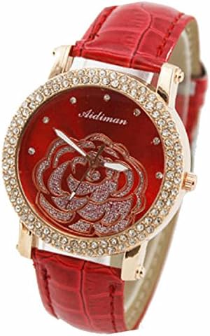 Sannysis Women Camellia Dial Leather Strap Rhinestone Round Quartz Wrist Watch Red