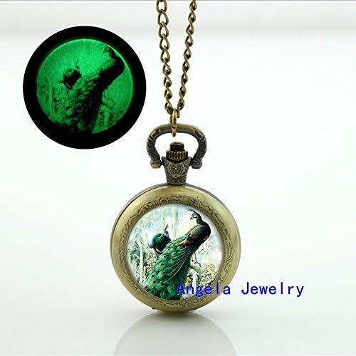 Pretty Lee Fashion Peacock Glowing Pocket Watch Necklace Bird Jewelry Glass Cabochon Pendant Vintage Pocket Watch