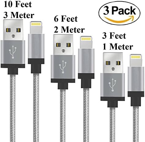 Skymall Tech Charge Set 3x - Silver Braided Syncing USB Charger 1/2/3 meter 3/6/10 feet for Iphone 5 5s 5c se 6 6s 7 plus beats pill ios 10(Silver 321)