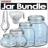 Leifheit Preserving Jar Bundle with 6 of each, 1 cup, 2 cup, 3 cup, and 4 cup Jars, including Jar Opener & Filling Funnel