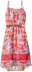 Girls Chiffon/Polyester Scoop Neck Chevron Print Belted Peasant Dress 