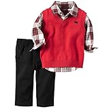 カーターズ carter's 男の子用赤クマさん刺繍入りベストカーディガンxマドラスチェックシャツ上下3点セット (12months(72-78cm)) [並行輸入品]