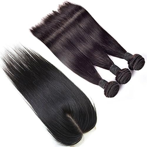 Wigshow® 3 Bundles Silk Straight Virgin Brazilian Human Hair Weave with 4x4 Lace Closure Bleached Knots With Baby Hair (20''20''20''with18'')
