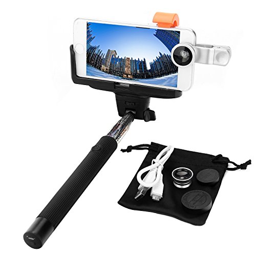 Dealgadgets 3360879 Built-in Bluetooth Remote Shutter Extendable Self-portrait Monopod for iPhone 6,6 Plus,5,5s,5c, Samsung Galaxy S6,S6 Edge,S5 Bundle With Clean Cloth and Lens