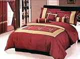 7 Pieces Burgundy Camel with Embroidered Floral Comforter Set Bed-in-a-bag Queen Size Bedding