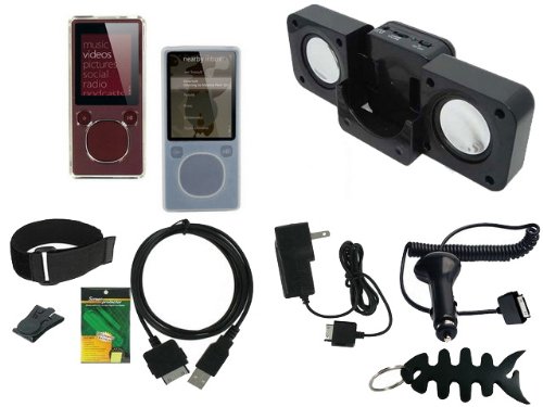 iShoppingdeals - Clearwhite Soft Skin + Clear Crystal Case + Car Charger + AC Travel Charger + USB Data Cable + Black Speaker + Screen Protector + Armband + Beltclip + Fishbone Keychain for Microsoft Zune 4GB 8GB 16GB MP3