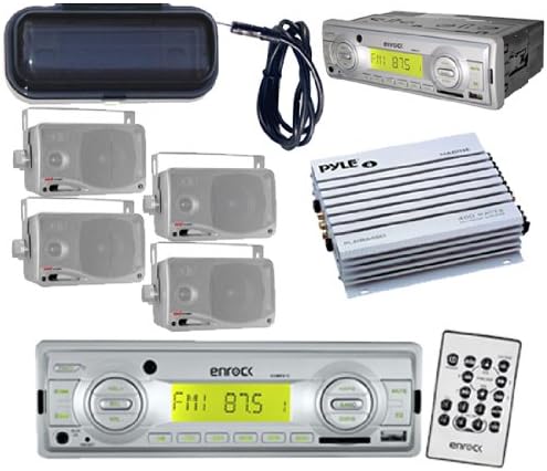 Silver Enrock Boat Radio USB AUX 4 3.5" Box Speaker Antenna Amp Cover Remote Kit