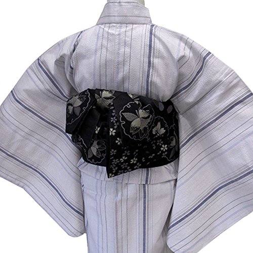 着物美人 浴衣 ゆかた 女性用 綿麻 しじら織り 黒細帯 半幅帯 浴衣帯 トール L 2点セット 【 白灰 縞 】a447518-4