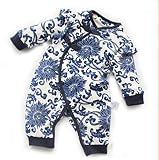 CHOUeTTe ベビー服 ロンパース 新生児～2歳まで チャイナ風 前開き 長袖 綿100% 可愛い 花柄 バラ柄 出産祝い 誕生日プレゼントにもどうぞ 柄色サイズ多数 オリジナルタオル付き (ブル