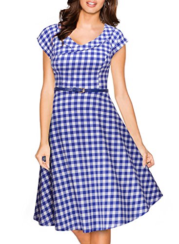 Miusol Women's Retro Lapel V Neck Plaid 1950'S Casual Party Swing Dress