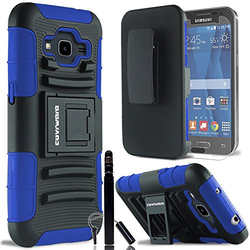 COVRWARE® Samsung Galaxy Core Prime / Prevail LTE - 3 in 1 Bundle - Heavy Duty Combat Armor Holster Case w/ built-in Kickstand, Locking Belt Swivel Clip + [ Screen Protector ] [ Stylus Pen ] - Blue