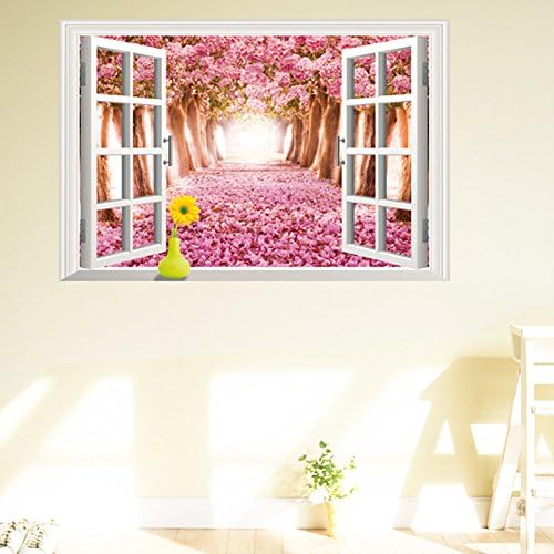 MLMSZ 3D View Out of The Window Creative Removable Vinyl Wall Sticker Mural Decal PVC Art Décor (Romantic Cherry blossom Avenue)