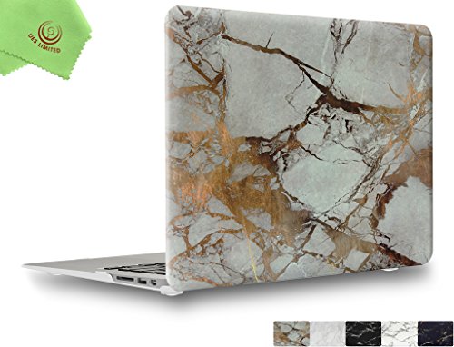 UESWILL Marble Pattern Smooth Soft-Touch Hard Shell Case Cover for MacBook Air 13" (A1466/ A1369) + Microfibre Cleaning Cloth, (White/Gold)