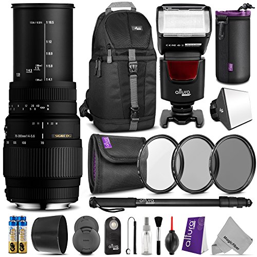 Sigma 70-300mm f/4-5.6 DG Macro Telephoto Zoom Lens for NIKON DSLR Camera w/ Complete Flash, Photo and Travel Bundle