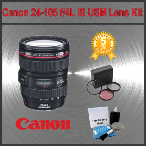Canon Zoom Wide Angle-Telephoto EF 24-105mm f/4L IS USM Autofocus Lens + 3 Piece High Resolution Lens Filter Kit + Lens Cleaning Kit Plus Extended Warranty Kit