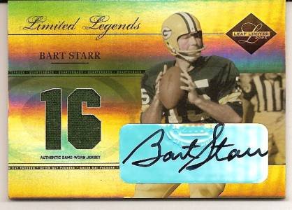 2005 Leaf Limited Cuts Autographs LL-1 Bart Starr Au / 16 Green Bay Packers (Autographed - Piece of Authentic Game Worn Jersey - Serial #'d to 16 - Football Cards)
