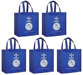Reusable Grocery Tote Bags, Blue 5 Pack "A World of Thanks" Print