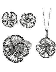 BRI Jewelry Sterling Silver High Domed Flower With Black Cubic Zirconia Set - Pendant - Earring - Ring Size 9