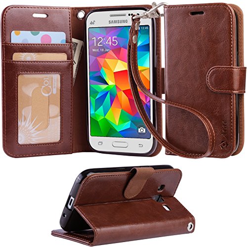 Core Prime Case, Arae Samsung Galaxy Core Prime wallet case,[Wrist Strap] Flip Folio [Kickstand Feature] PU leather wallet case with ID&Credit Card Pockets For Samsung Galaxy Core Prime (Brown)