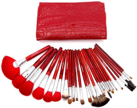 Youwell 26 Piece Dream Ruby Top Super Grade Nature Wooden Handle with Silver Copper Ferrules, Goat and Sable Nature Hair Super Cosmetic Makeup Brushes Set with Case.