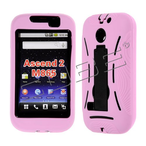 Huawei M865 M-865 Ascend 2 II Solid Baby Pink Skin with Black Cover and Kick Stand 2-Tone Color Snap-On Hard Protective Case Cell Phone (Free by ellie e. Wristband)