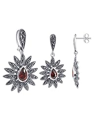 .925 Sterling Silver Pear Shaped Garnet Cubic Zirconia and Marcasite Accents Post Back Findings Stud 17mm x 19mm Earrings and 19mm x 22mm Pendant Jewelry Set