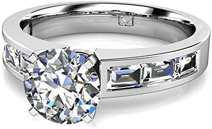 Palladium This fashionable flat shank engagement ring features six channel set Baguette Diamonds set East-West to allure and impress 3/4 CTW near-colorless Color VS1-VS2 Clarity